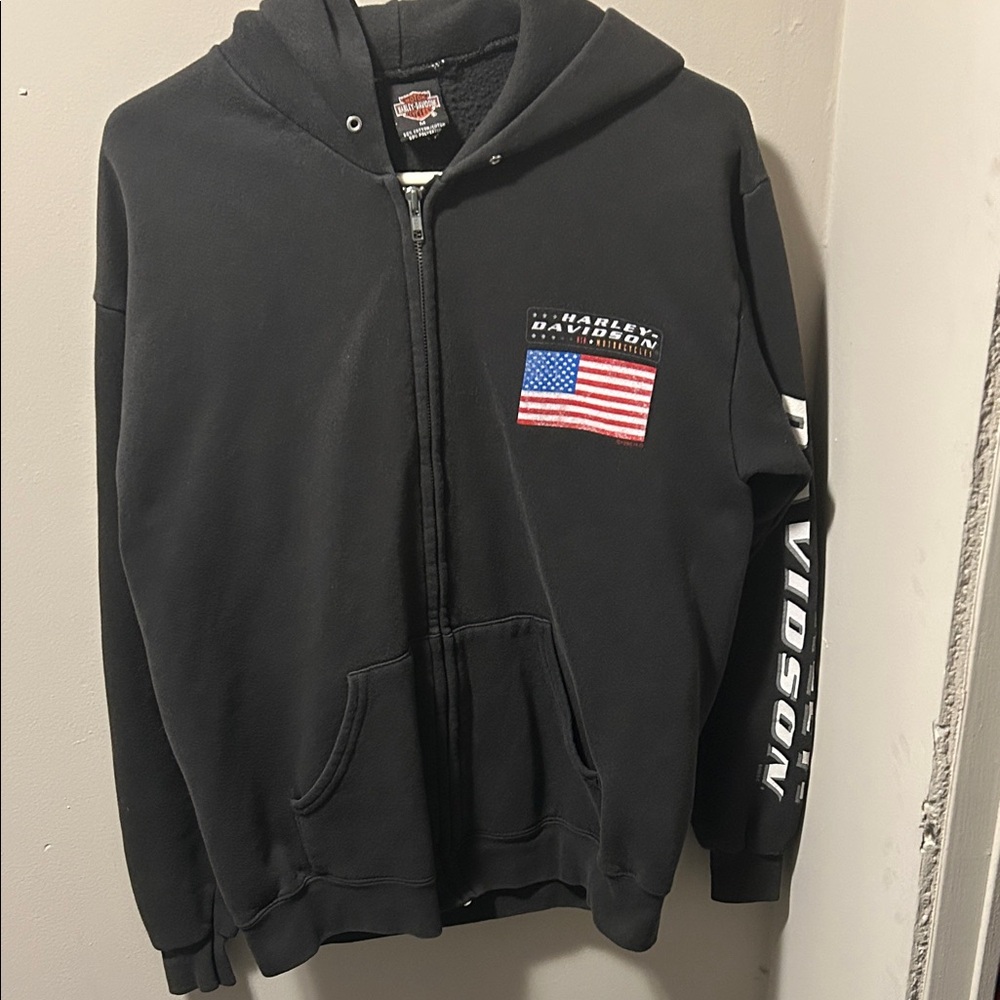 VINTAGE Harley-Davidson Black Hoodie Jacket with American Flag